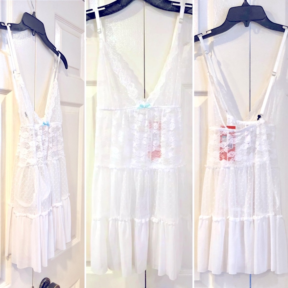 GILLIGAN & O'MALLEY~NWT- White Tiered Lace BABY DOLL & THONG SET ~Sz S~BRIDAL